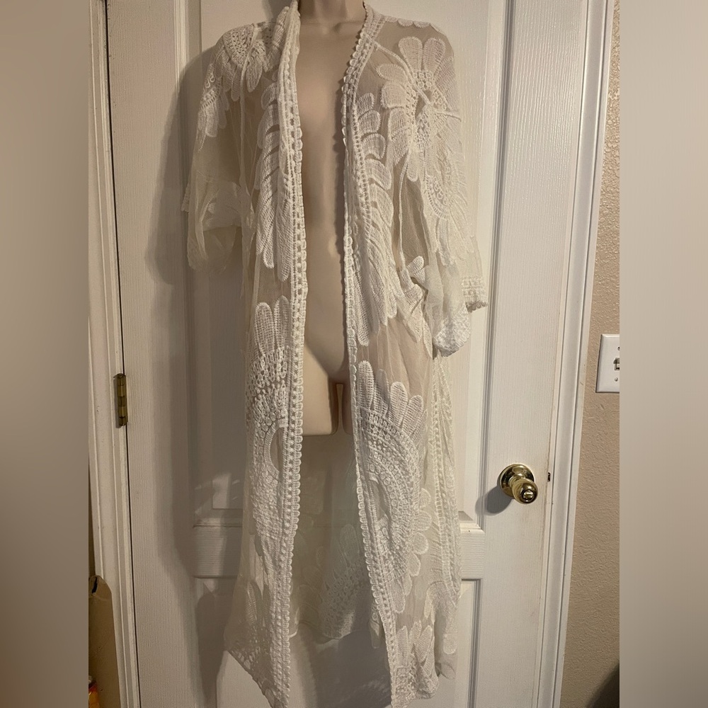 Asha Womens White Lace Longline Kimono Cardigan Sheer Crochet Duster Cover Up OS